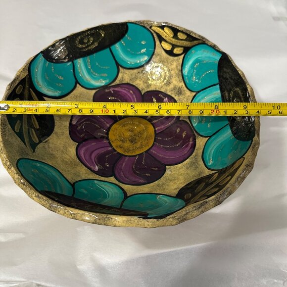 Unsigned Mexican Los Cabos tan teal purple gold footed pottery floral 9.5” dish - Picture 5 of 6